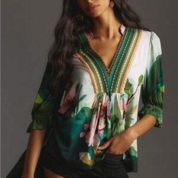 Anthropologie Bl^Nk London Stephanie Top Size XXS Green Floral V Neck Blouse 2 - Picture 15 of 15